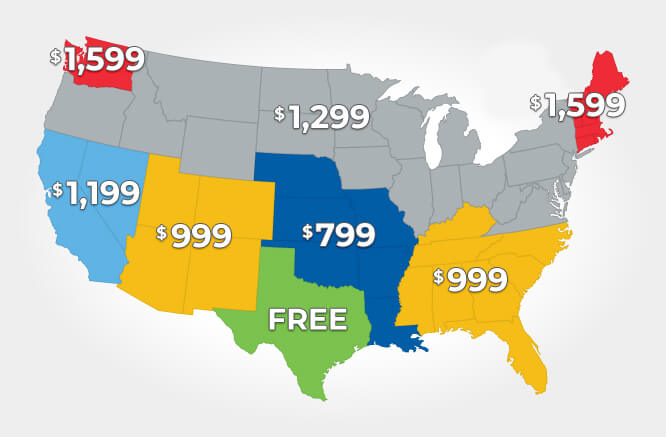 Map of the continental United States showing the cost for vehicle delivery to each region.