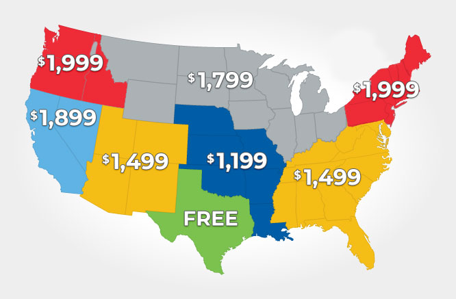Map of the continental United States showing the cost for vehicle delivery to each region.