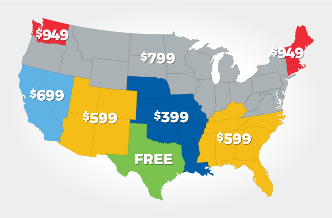 Map of the continental United States showing the cost for vehicle delivery to each region.